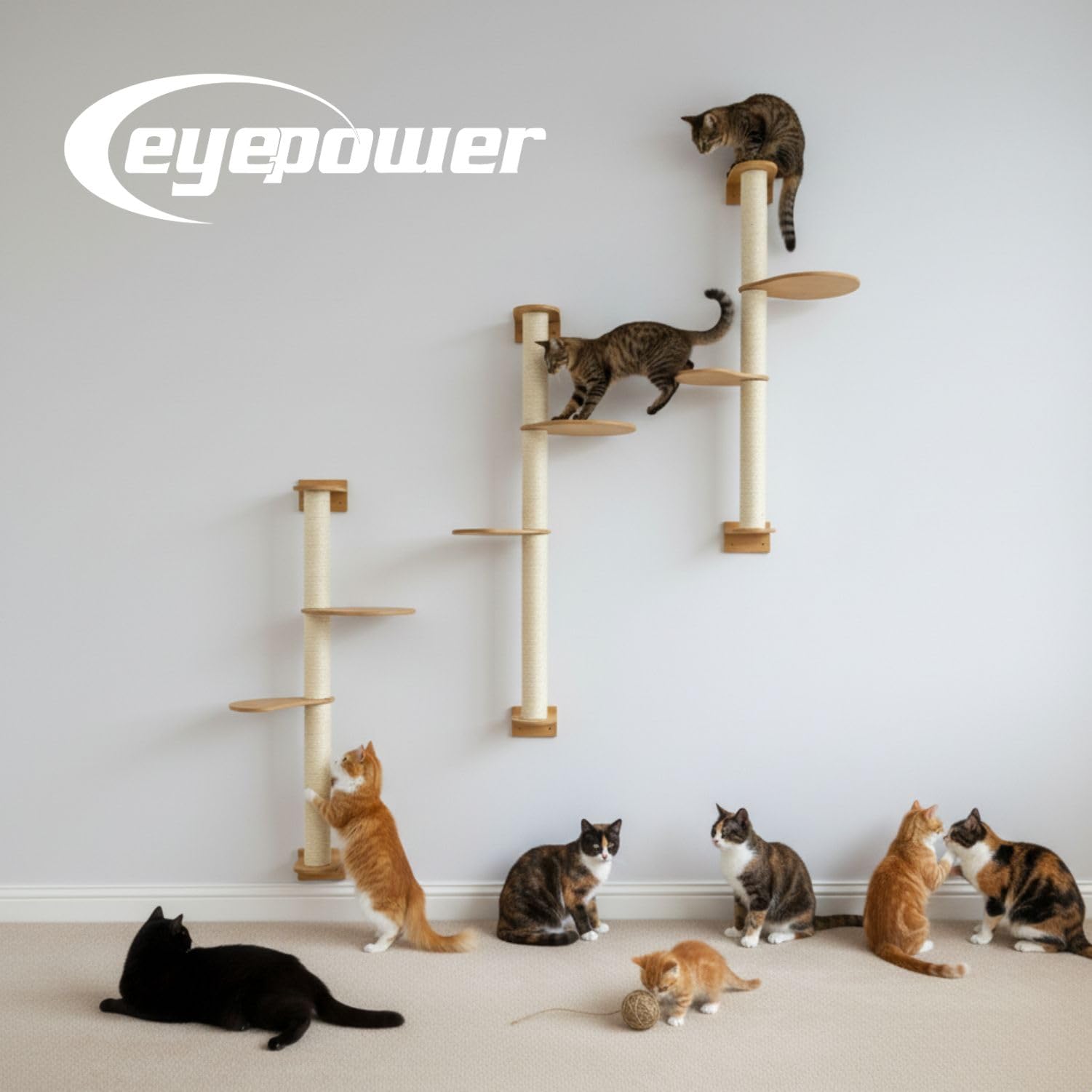 eyepower 130 cm Rascador de Pared Luna con 2 Plataformas de Bambú - Árbol para Gatos con Estanteria - Columna de Sisal Natural - Recorrido de Estantes - Torre Gato Estable - Poste Alto Fijación Mural