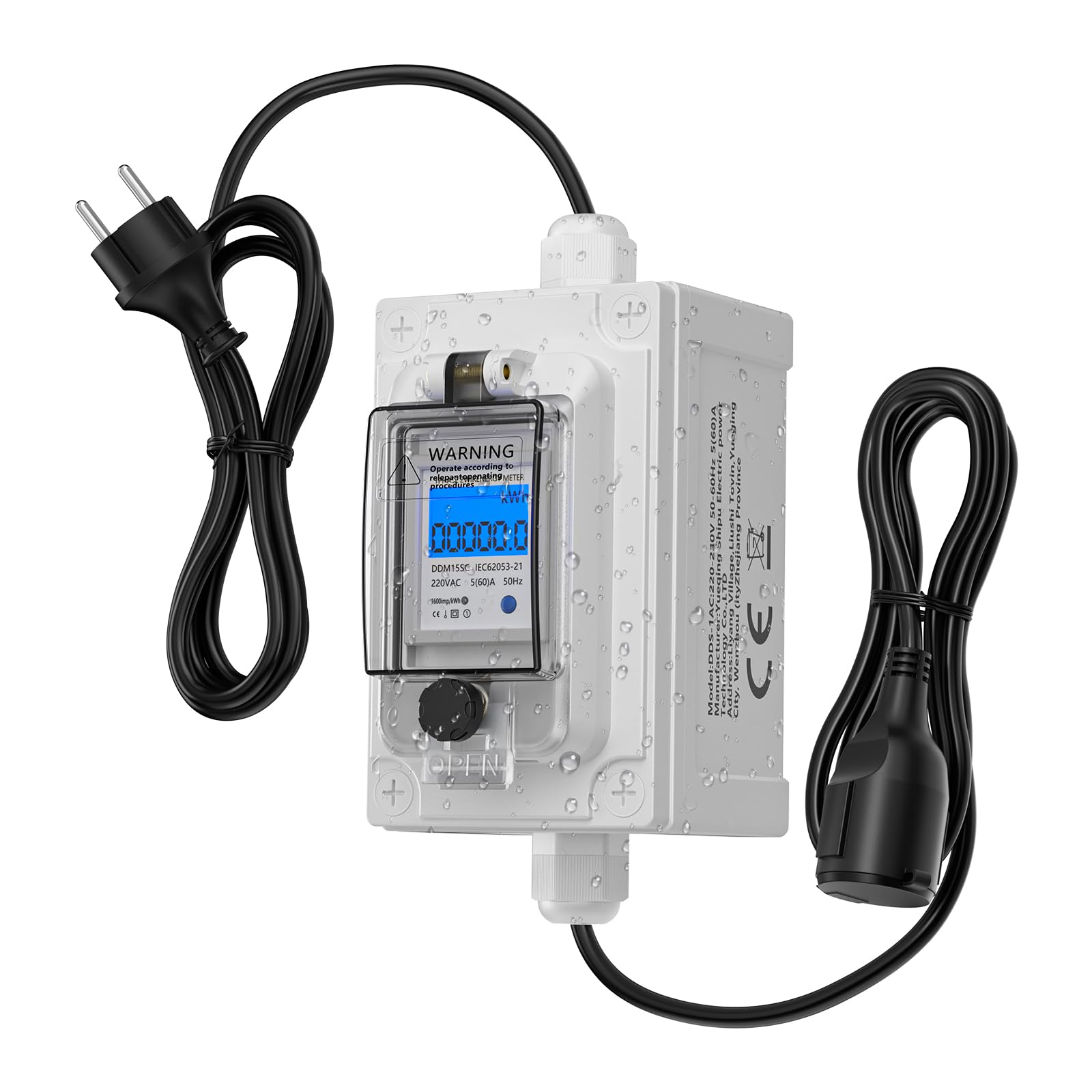 Mobiler digitaler Stromzähler 230V, CEE 60A, für den Außenbereich, wasserdicht, mit Industriestecker, LED, Reset und tragbarem Gummischlauch.