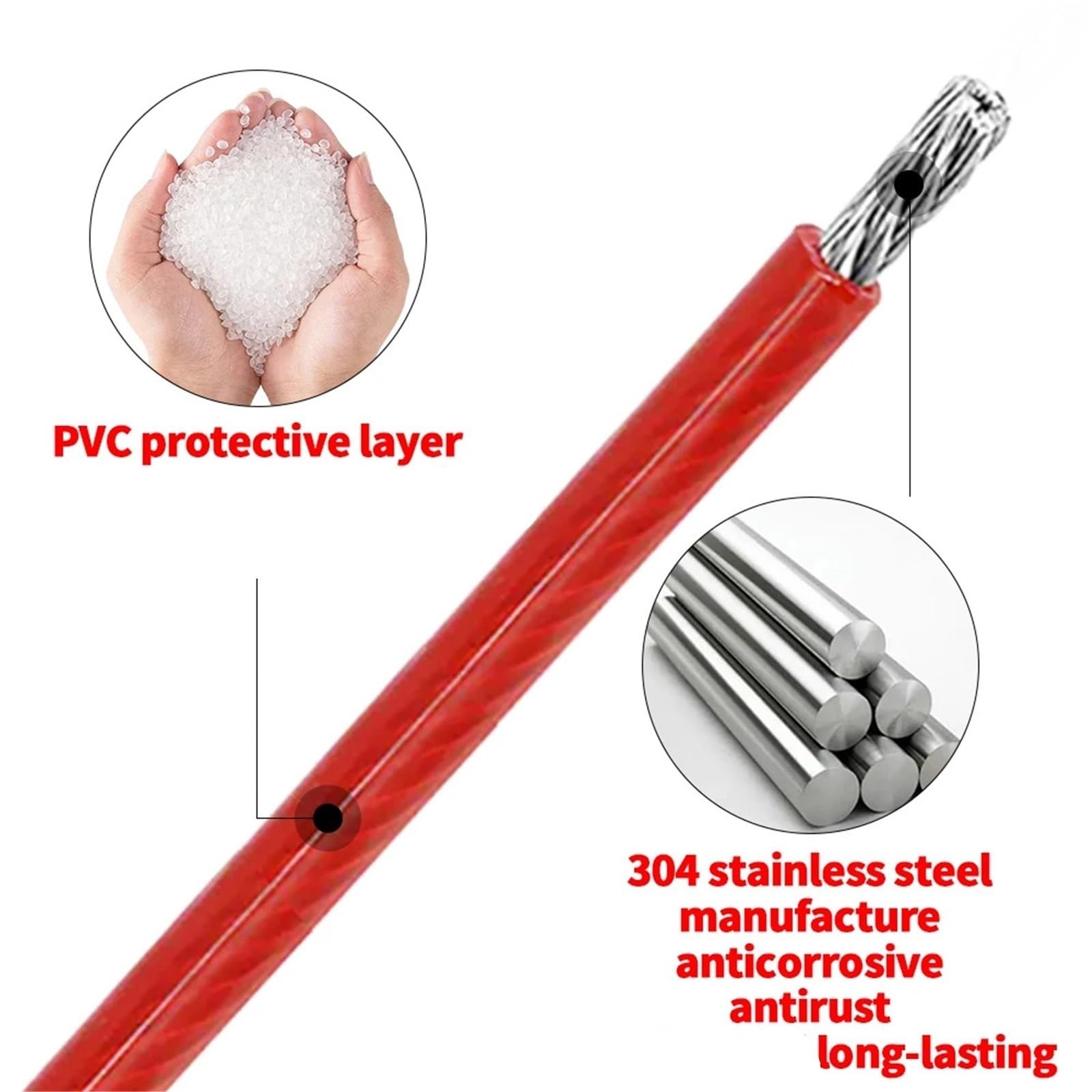 Filo D'acciaio Rivestito in Plastica Cavo metallico in acciaio inossidabile 304 con rivestimento in plastica PVC rosso da 4,0 mm, 50, m/100, m, adatto for uso domestico e industriale(100.0M)