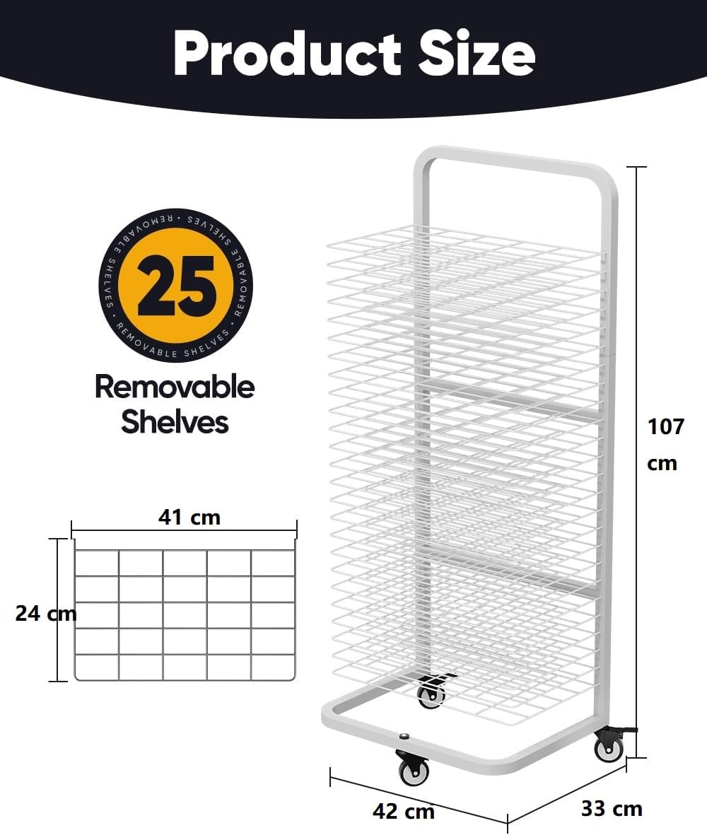 Garbuildman Étendoir à linge robuste pour peinture, support de séchage en métal avec 25 étagères amovibles, support de rangement mobile en toile avec roues verrouillables pour salles de classe