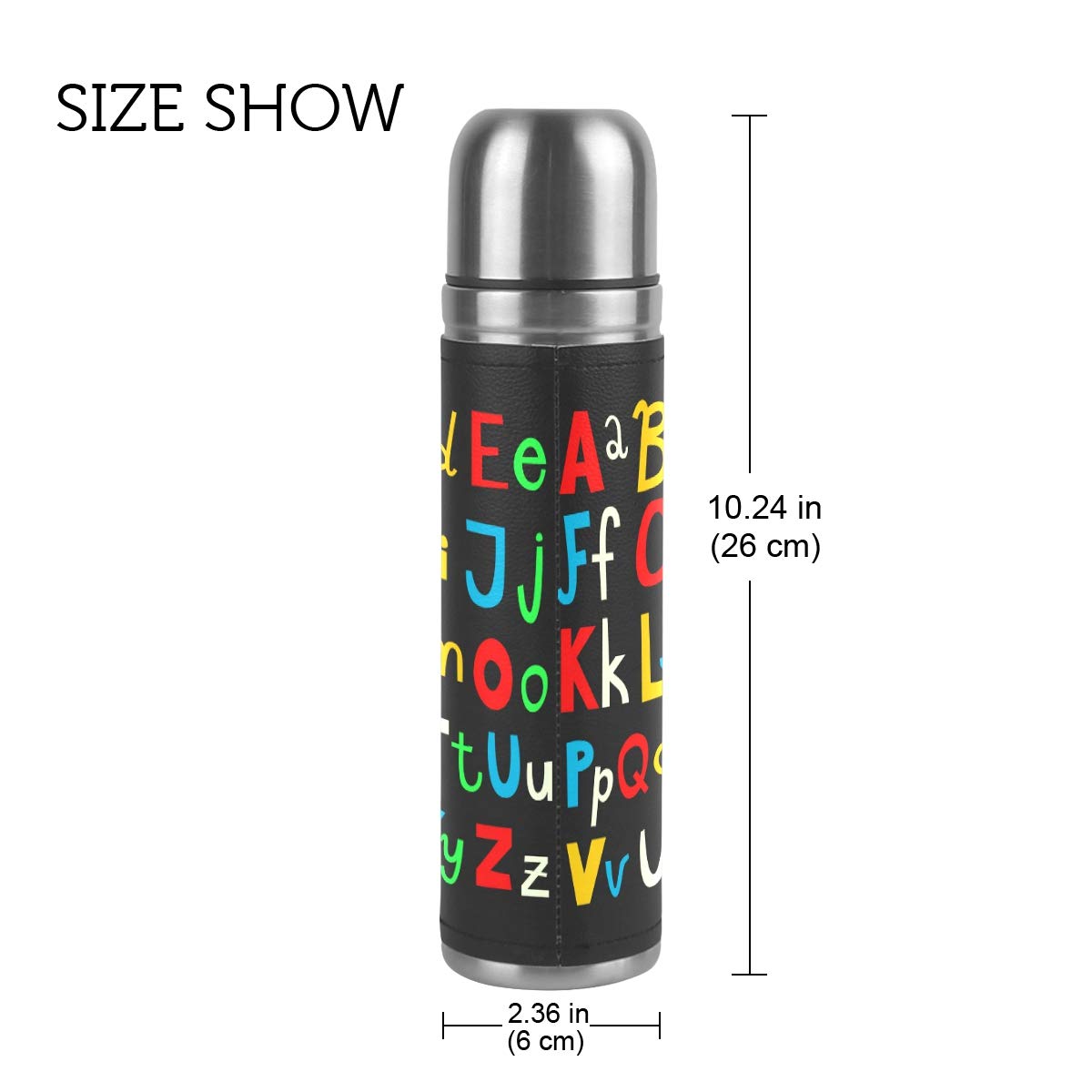 Taza de viaje aislada al vacío de acero inoxidable con doble pared a prueba de fugas, botella de taza con diseño de alfabeto, impresión personalizada impresa en piel auténtica, termo de 500 ml