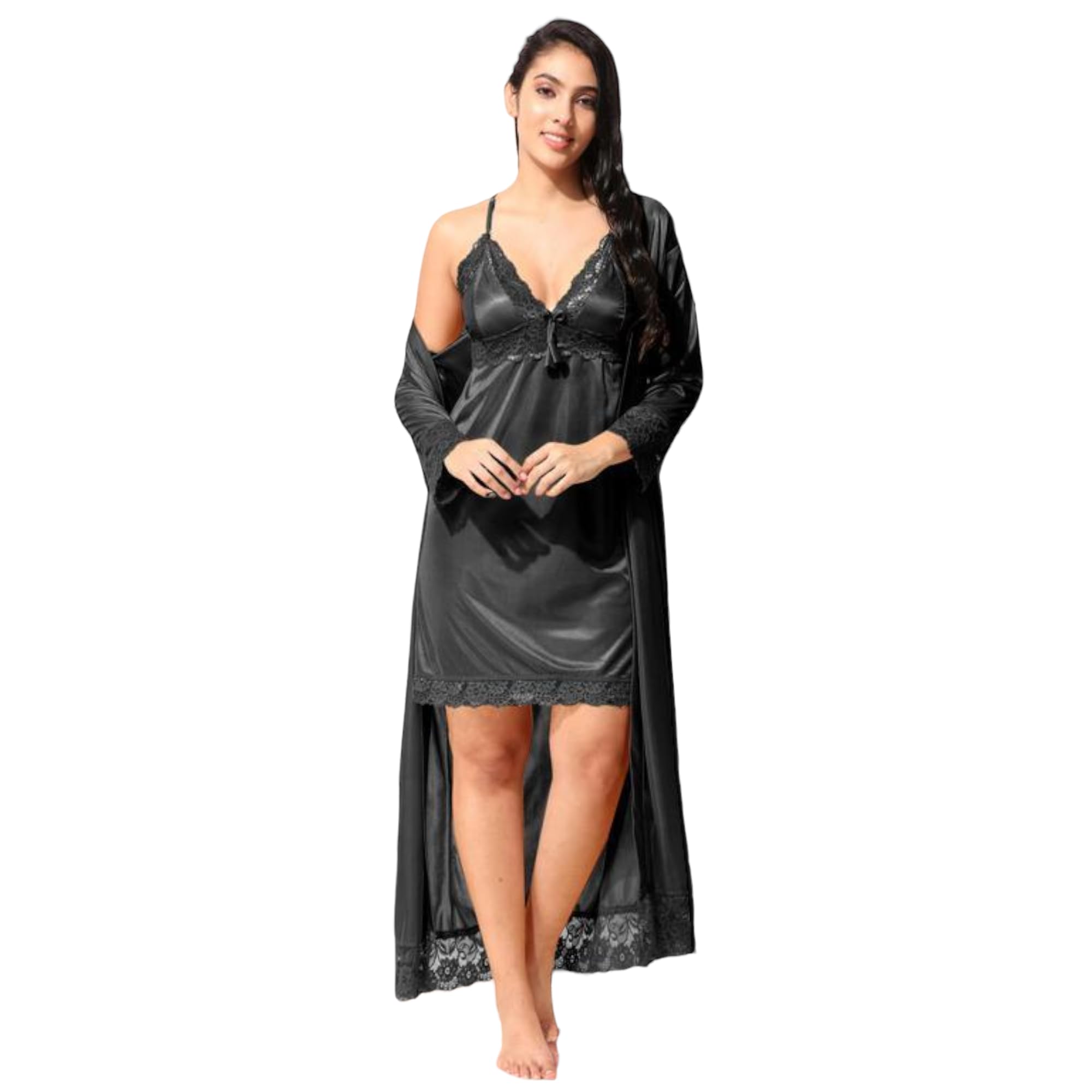 siami Apparels Satin 2 PC Nighty/Night Wear Set with Robe | V- Neck | Solid/Plain | Attractive & Stylish | for Women, Girlfriend, Wife-picture-52