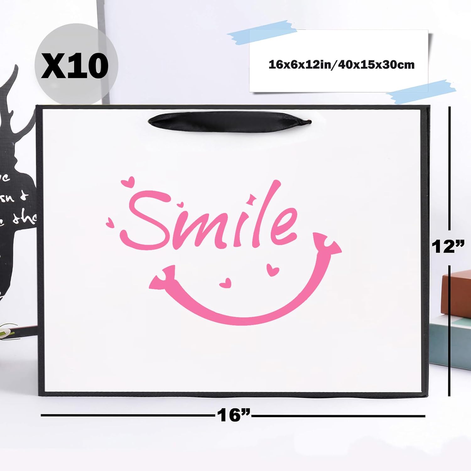 SHIPKEY 10 Pcs White and Black Gift Bags, 16x6x12 Inches Party Favor Bags with Tissue Paper, Extra Large Paper Bag | Shopping Bag for Birthday (40x15x30cm) - Image 4