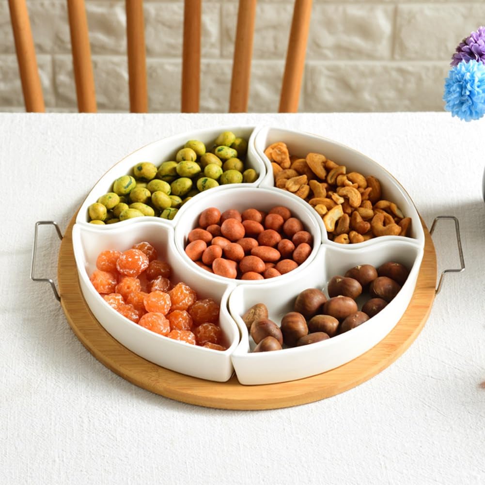 Plateau de Service Divisé en Céramique avec Couvercle Transparent, Plateau D'Apéritif en Bambou avec Poignées 5 à Collations Amovibles 28,5 X 5 cm