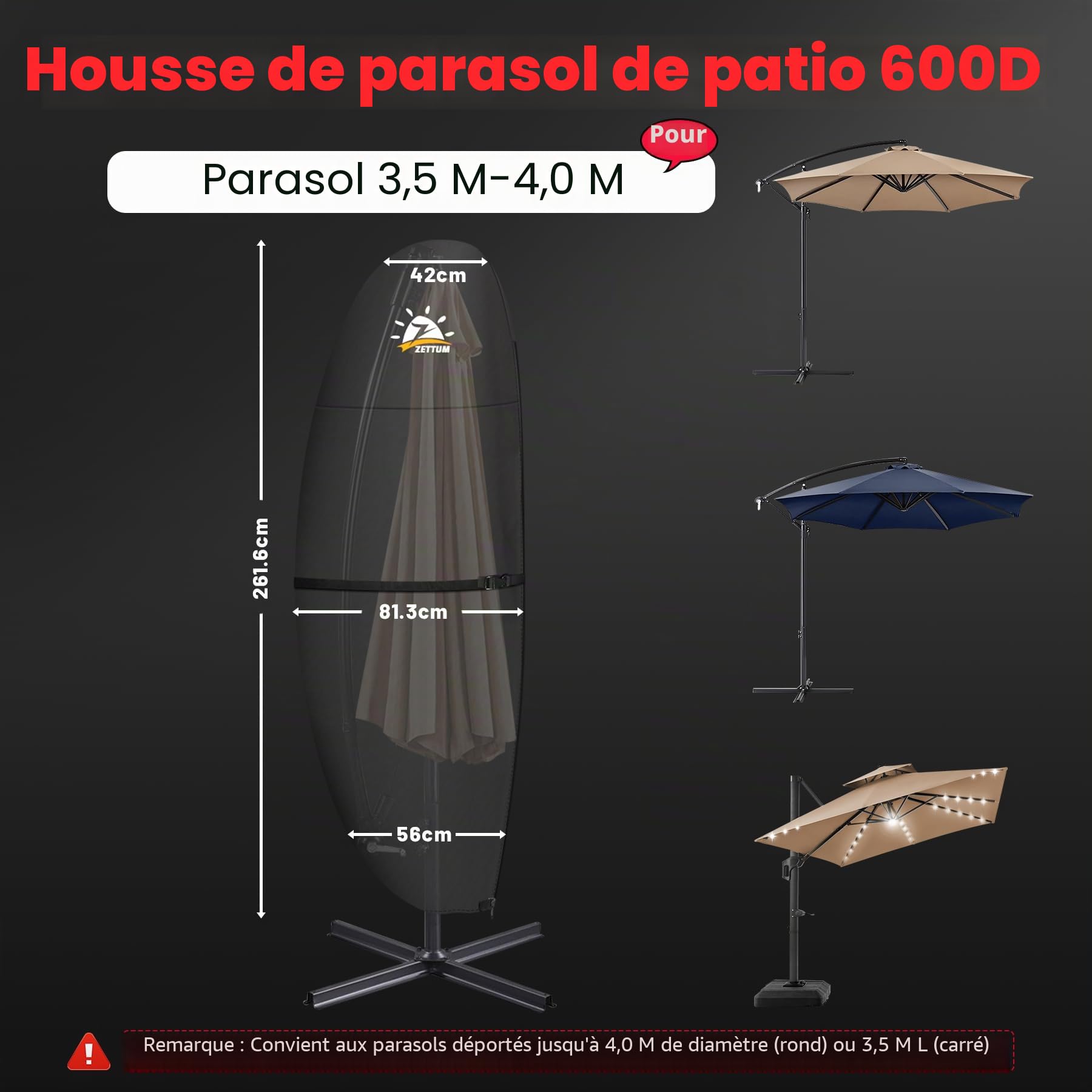 Zettum Housse de Protection pour Parasol 2 à 3 M, Housse Imperméable pour Parasol Cantilever avec Tige, Revêtement PU Oxford 600D Résistant aux UV 215 x 30 x 66/44 cm