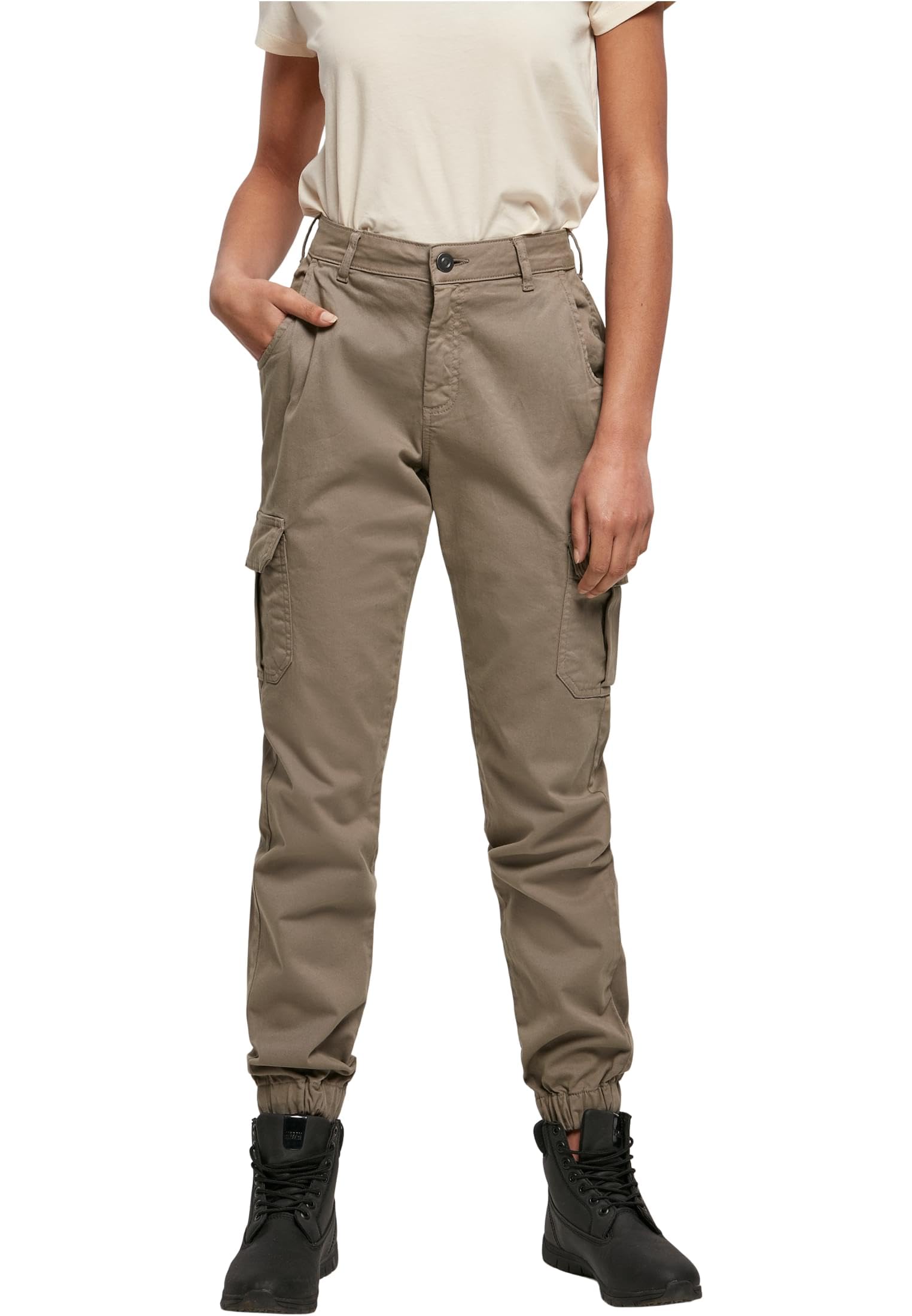 URBAN CLASSICS Combat Cargo Trousers for Women, Cargo Joggers Trousers for Women, Stretch Casual High-Waist Cargo Trousers, Combat Casual Trousers, Colour: Softtaupe, Size: 28