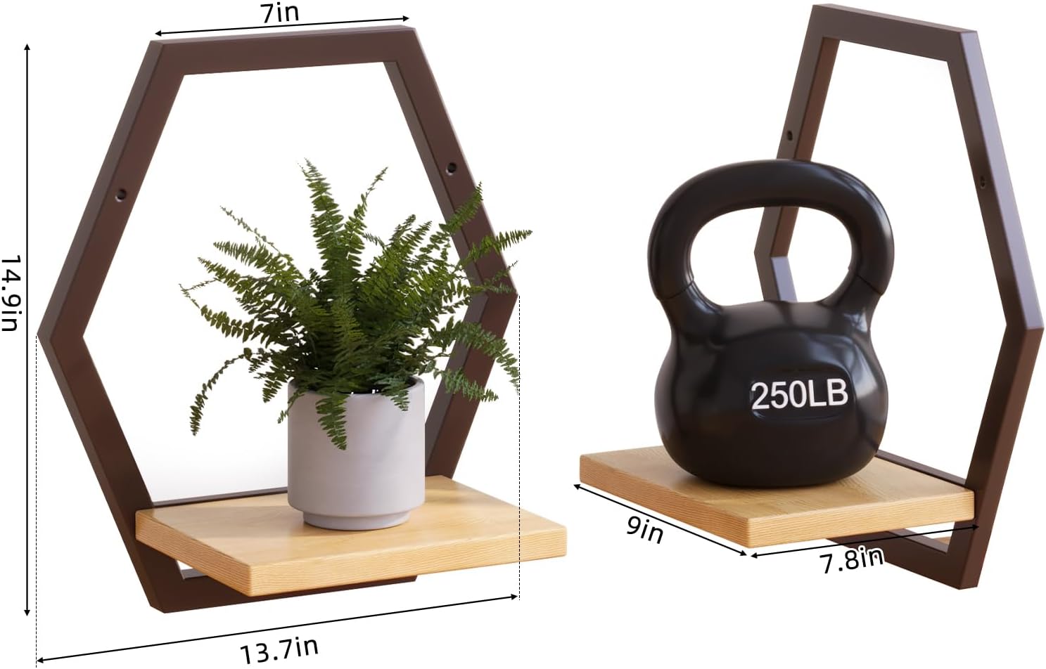 3 Pack Solid Wood & Heavy Duty Metal Wall Plant Stands,9 inch Natural Wood Shelf, Boho Arch Hanging Planter for Indoor 25 LB Load for Plants, Flowers, Herbs Coffee