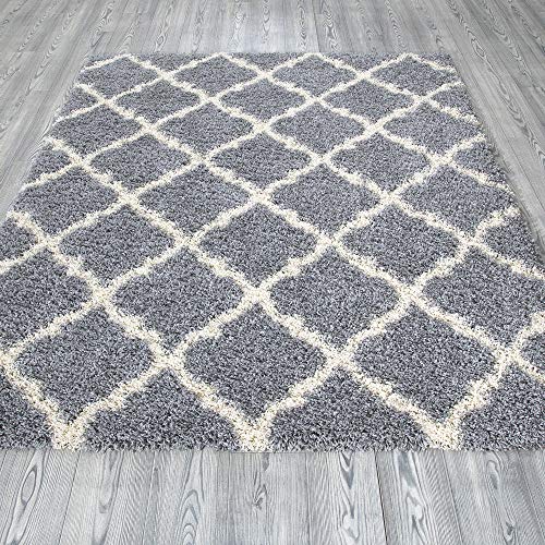 Ottomanson Indoor Moroccan Trellis Design Jute Back 5X7 Soft Shag Area Rug For Bedroom, Living Room, Dining Room, Office, 5'3" X 6'11", Gray #TOP1