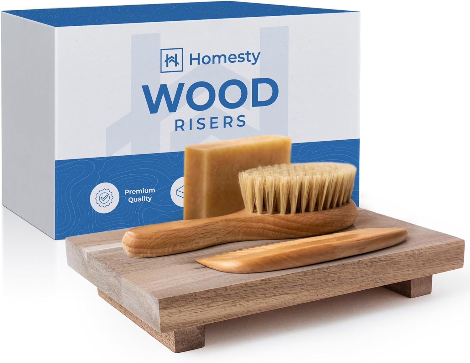 Homesty Wood Risers for Decor - Acacia Wood Tray for Kitchen Counter - Pedestal Stand for Bathroom Counter Decor - Wooden Riser, Dish Soap Tray, Soap