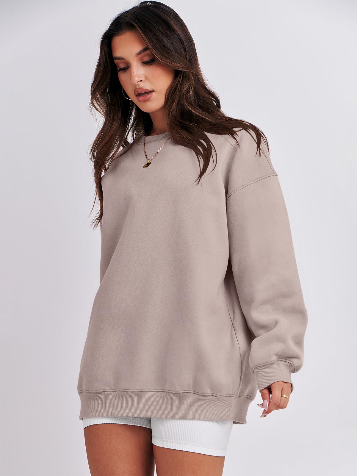Damskie bluzy oversize bluzy z kapturem polar okrągły dekolt sweter top codzienne jesienne stroje preppy ubrania nastolatki 2024 A1019 światło, Jeden kolor, Light Khaki_XL