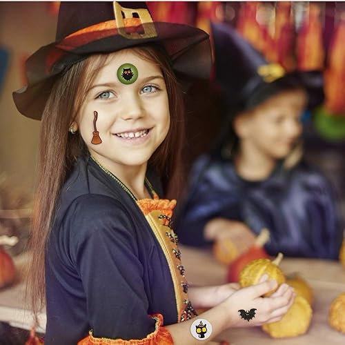 Miniatura 7 de 96 hojas de calcomanías de Halloween, calcomanías adhesivas redondas de murciélagos de calabaza, arañas, brujas, calcomanías para decoración de