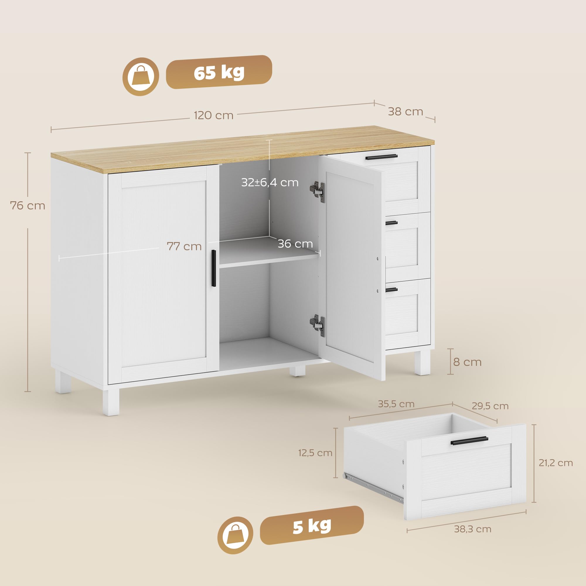 HOMCOM Sideboard Soft-Close-Türen, 3 Schubladen 120 x 38 x 76 cm Weiß