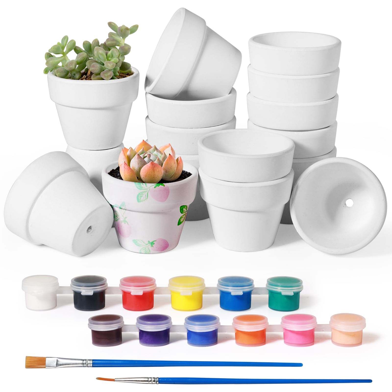 Annyswit 16 Pcs White Mini Terracotta Plant Pots 4 x 5 cm, Small Plant Pots with Paints & Brush, White Clay Pots with Drainage Holes for Succulents, Cactus, Herbs, DIY Crafts, Indoor & Outdoor