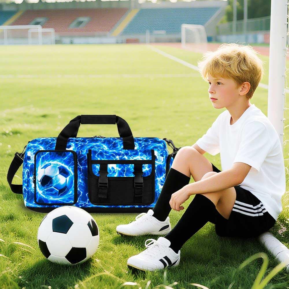 Duffle Bag for Boys, Kids Water Resistant Travel Bag with Separate Shoe Compartment for Sports, Gym, Overnight Weekender - Lightning Soccer - Image 6