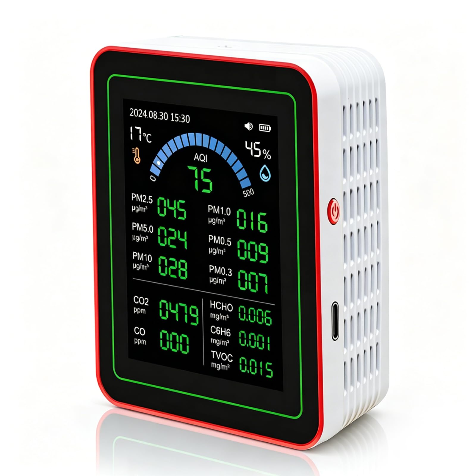Interior Air Quality Monitor 18 en 1, Probador Profesional de Calidad del Aire con CO2 / TVOC/HCHO / PM2.5 / PM10 Detector de Detección de Húmedo Temp, CO2 Air Quality CO2