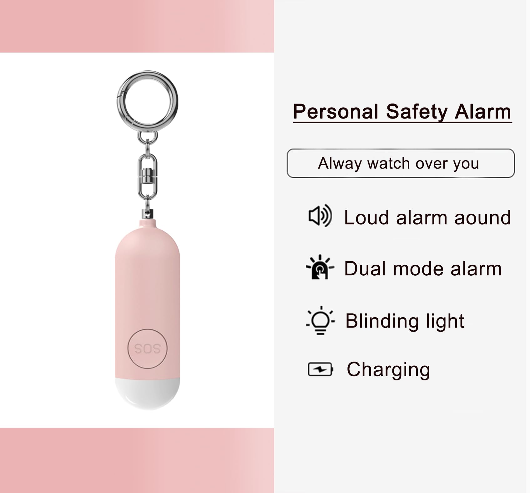 Pack de 2 alarmas personales de 130 dB según recargables, aviso de batería débil, alarma de seguridad ruidosa con luz de emergencia LED, llavero para mujeres, niños, personas mayores,