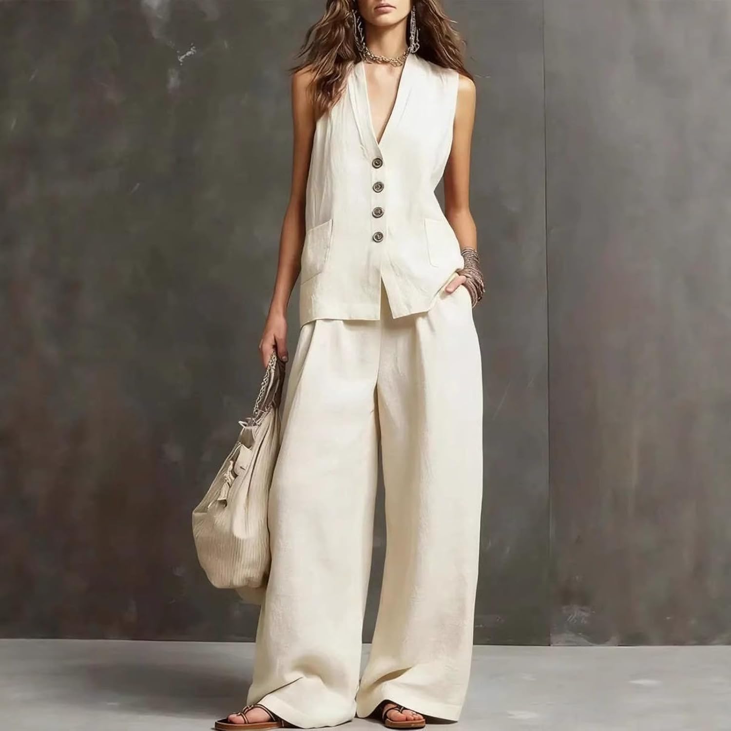 Women's Vest Top and Wide Leg Pants Linen Two Piece Set
