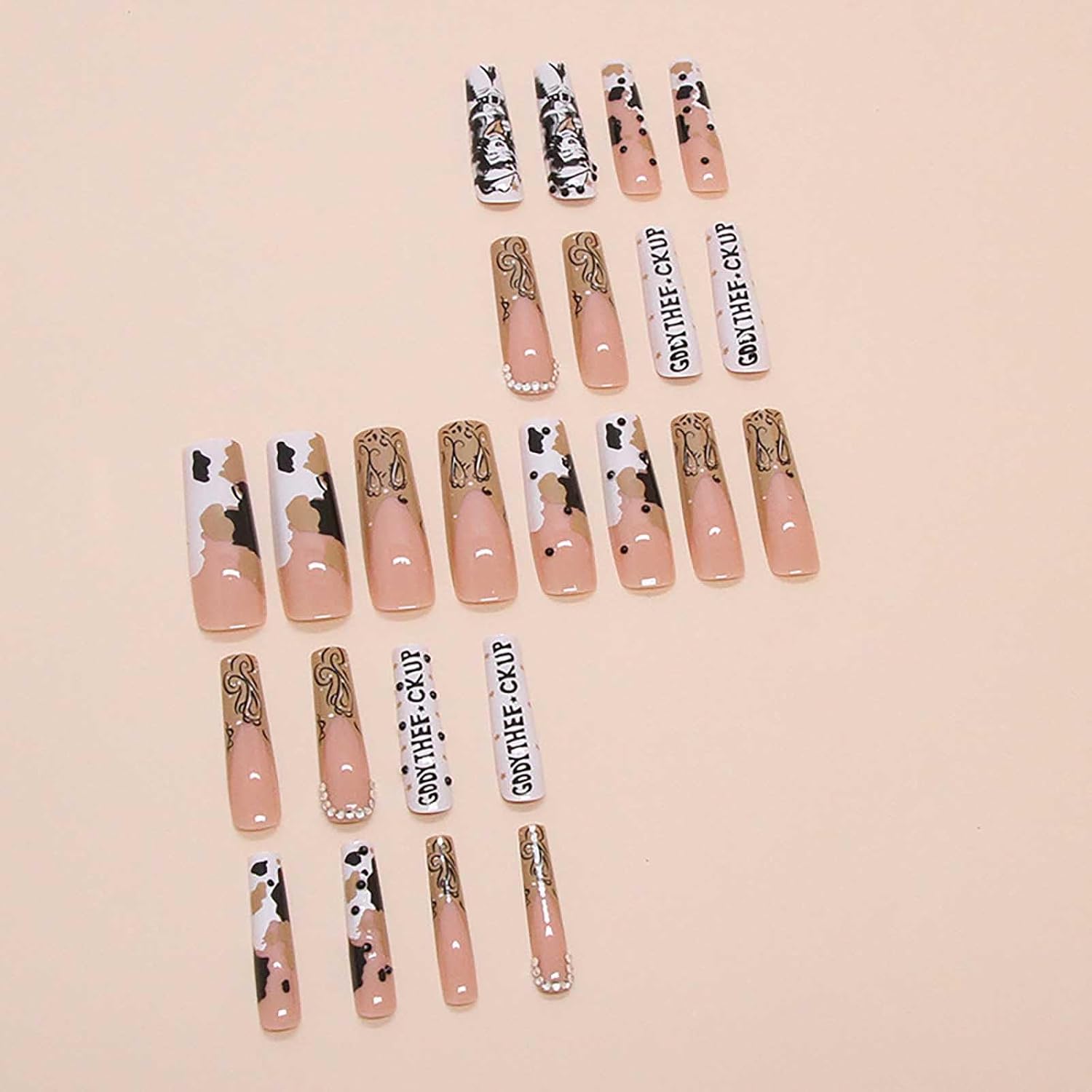 XXL Press on Nails Extra Long Fake Nails Ombre Cow color Nails press ons Glue on Nail Acrylic Nail Glossy Coffin False Nails for Women 24Pcs (cowboy long square nails)