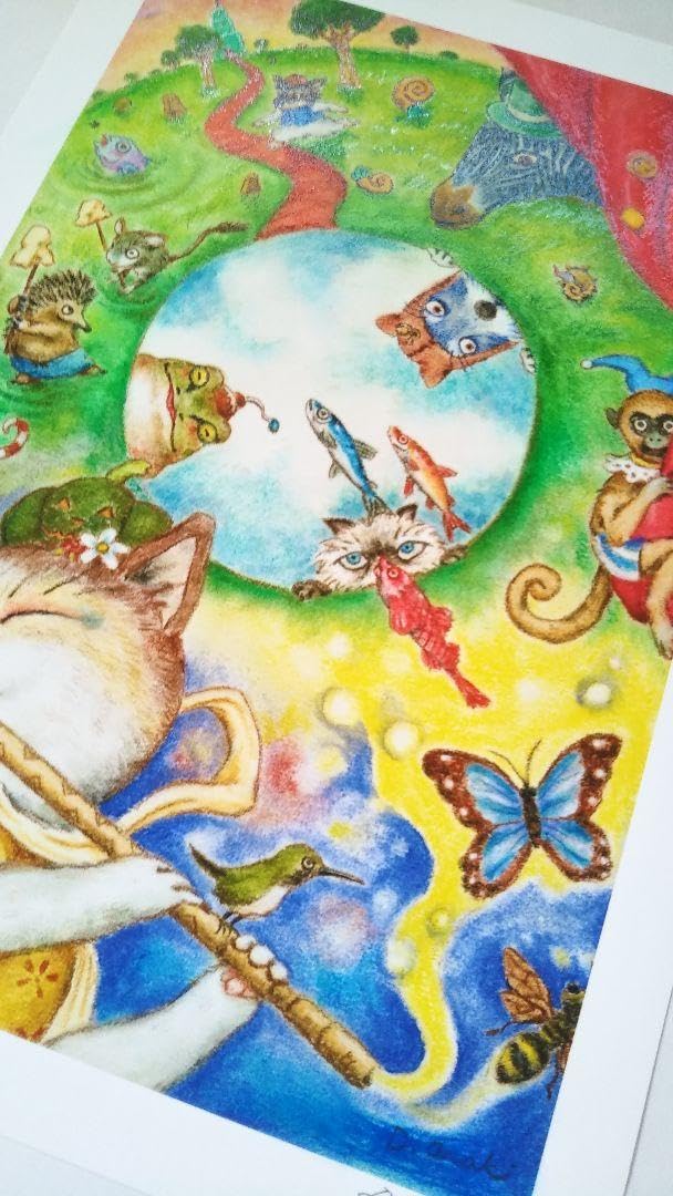 特別価格☆【版画（額縁なし）】『夢の中（夢見の水瓶）』（猫） 大きく