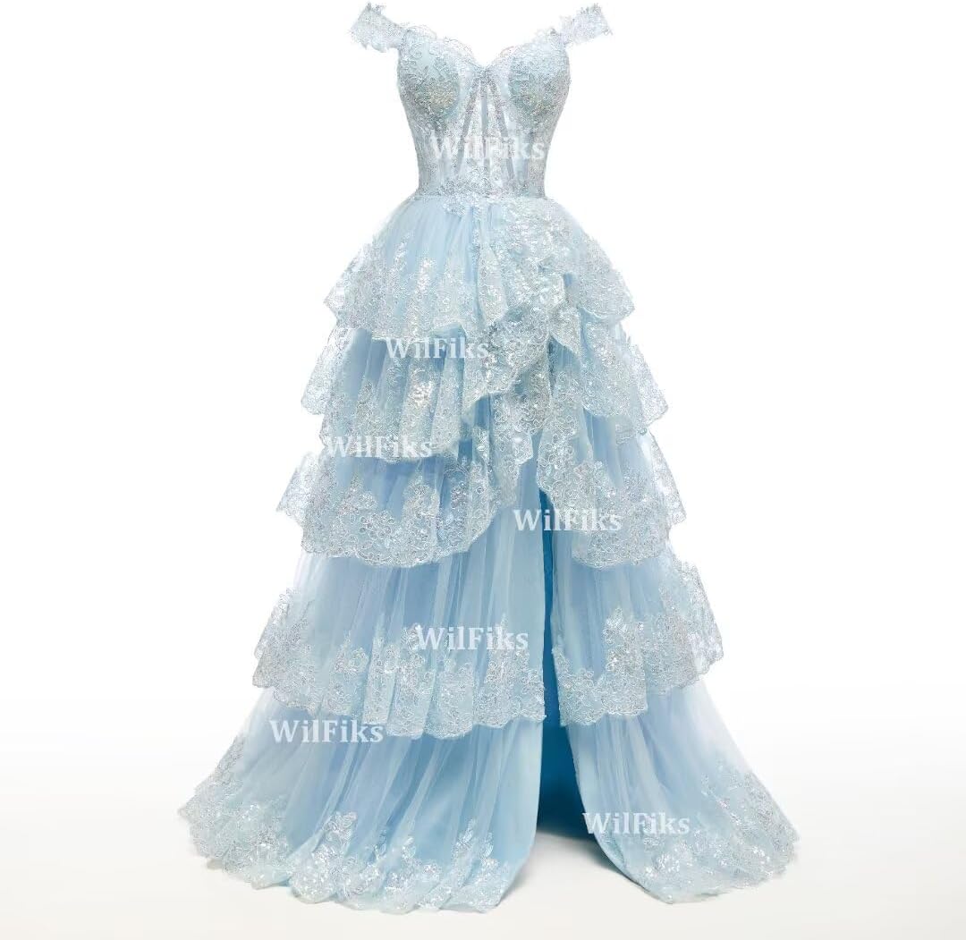 Off Shoulder Tiered Lace Prom Dresses 2026 Long Ball Gowns for Women Formal Sparkly Sequin Corset Wedding Gown with Slit - Image 5