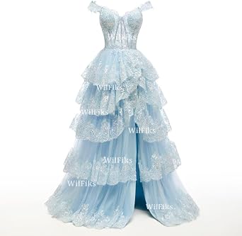 Off Shoulder Tiered Lace Prom Dresses 2025 Long Ball Gowns for Women Formal Sparkly Sequin Corset Wedding Gown with Slit