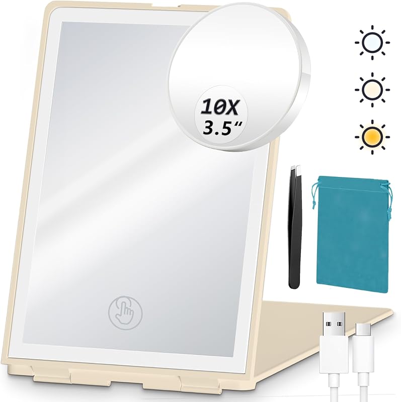 Espelho compacto dobrável Haikopoon com LED, 3 modos de luz, bateria recarregável, amplificador 10X e pinça, Creme