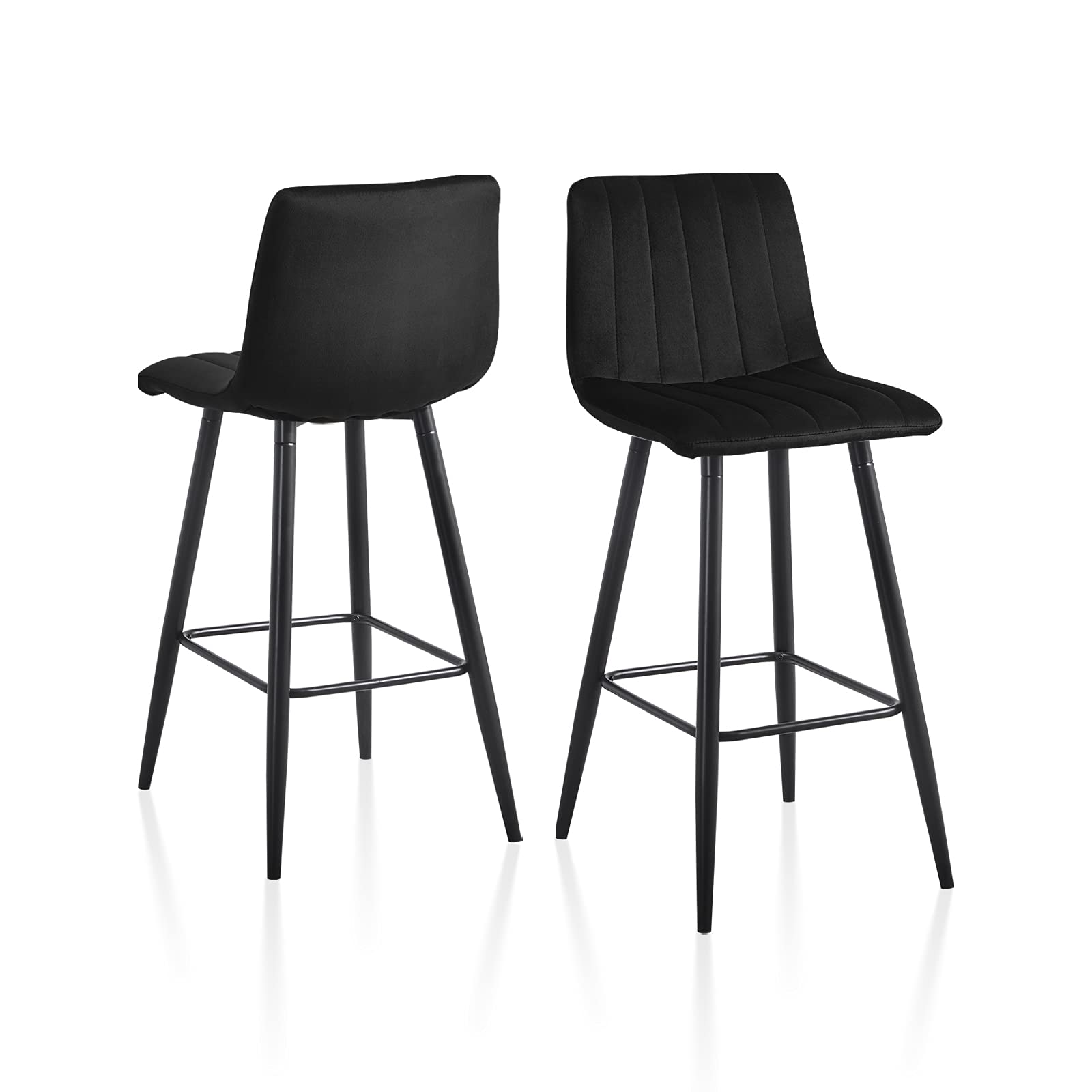 TUKAILAi Black Bar Stools Set of 2, Velvet Upholstered Seat Kitchen Counter Barstools with Metal Footrest and Sturdy Legs for High Breakfast Bar Pub and Home Island