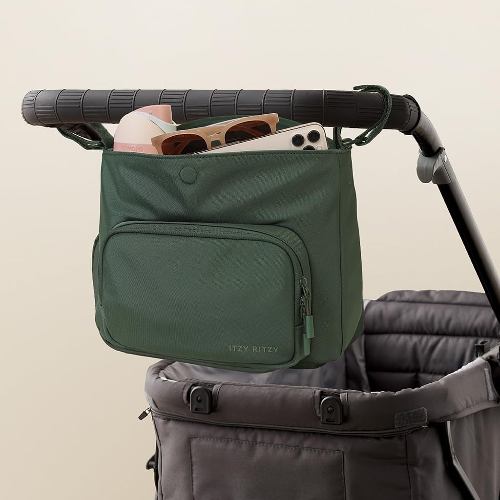 Itzy Ritzy Belong Cargo Caddy for Strollers & Wagons – Convertible Stroller Organizer and Crossbody Bag with Adjustable & Removable Strap, Bottle Holders, Smart Storage Pockets & Secure Straps (Green)