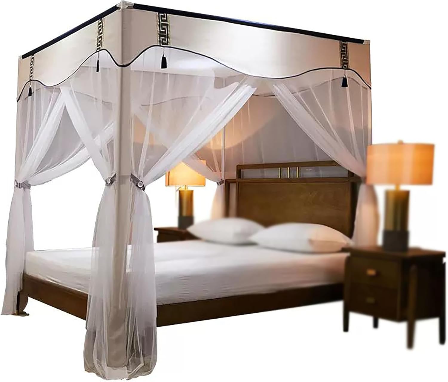 Elegant Canopy Curtain Bed Frame Cozy Drape Mosquito Net Bed Frame Curtain Canopy Four Corner Post Bed Netting Canopy for Bedroom Decoration,A Beige,King