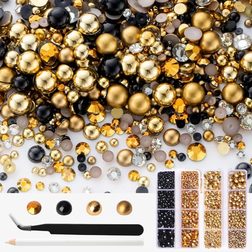 Meibite Black Gold Flat Back Pearls and Rhinestones Kit 3929PCS, Mixed Size 3-8mm Resin Rhinestones for Crafts, Nail Art, Tumbler, Phone Case, DIY Decoration Starter Kit with Tools