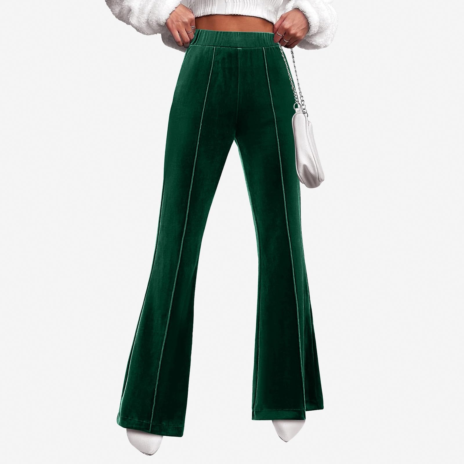 Pantaloni svasati da donna in velluto, a vita alta, gamba larga, elasticizzato, con cucitura frontale