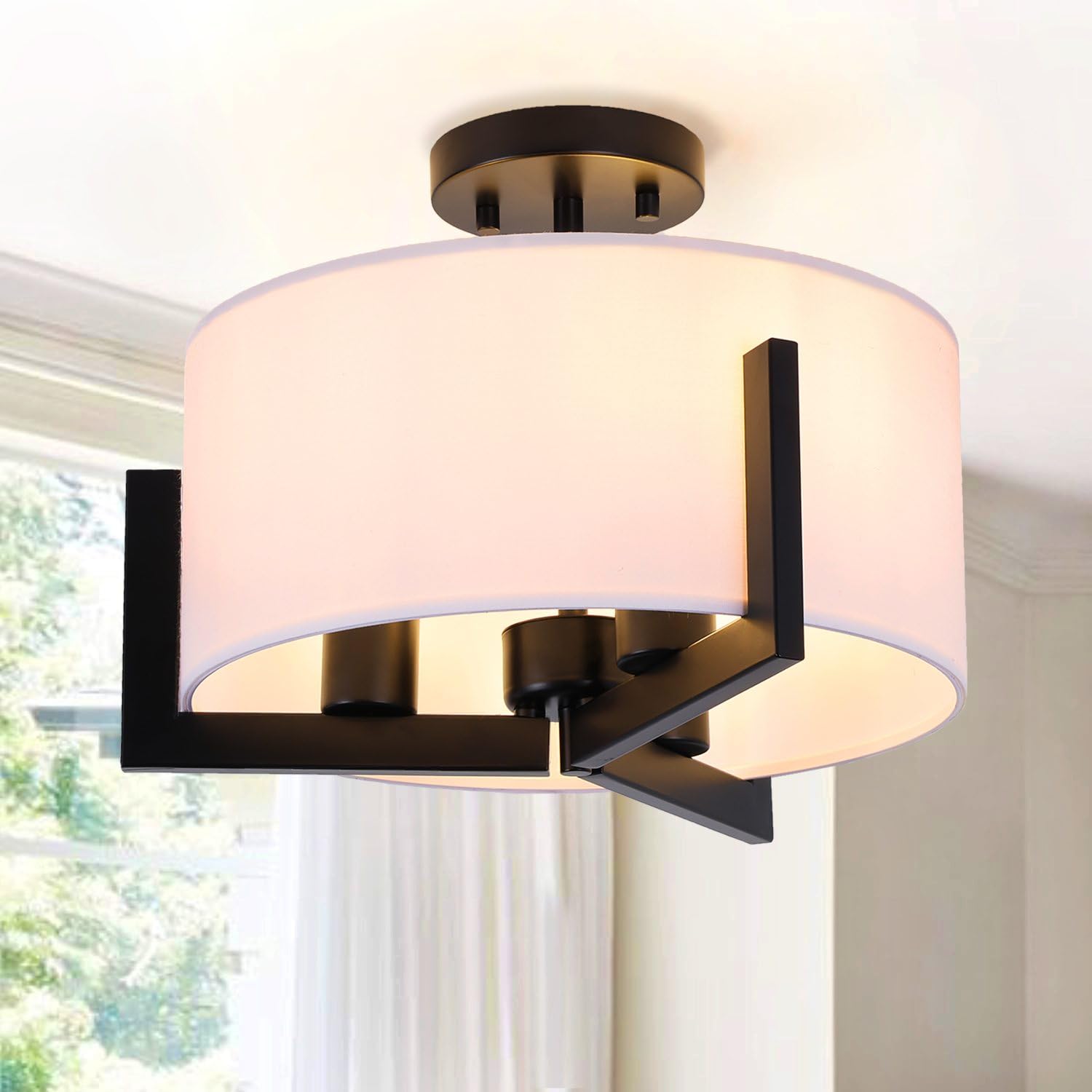 14 inch Semi Flush Mount Ceiling Light, 3-Light Black Modern Light Fixtures Ceiling Mount with White Drum Fabric Shade for Bedroom Entryway Hallway