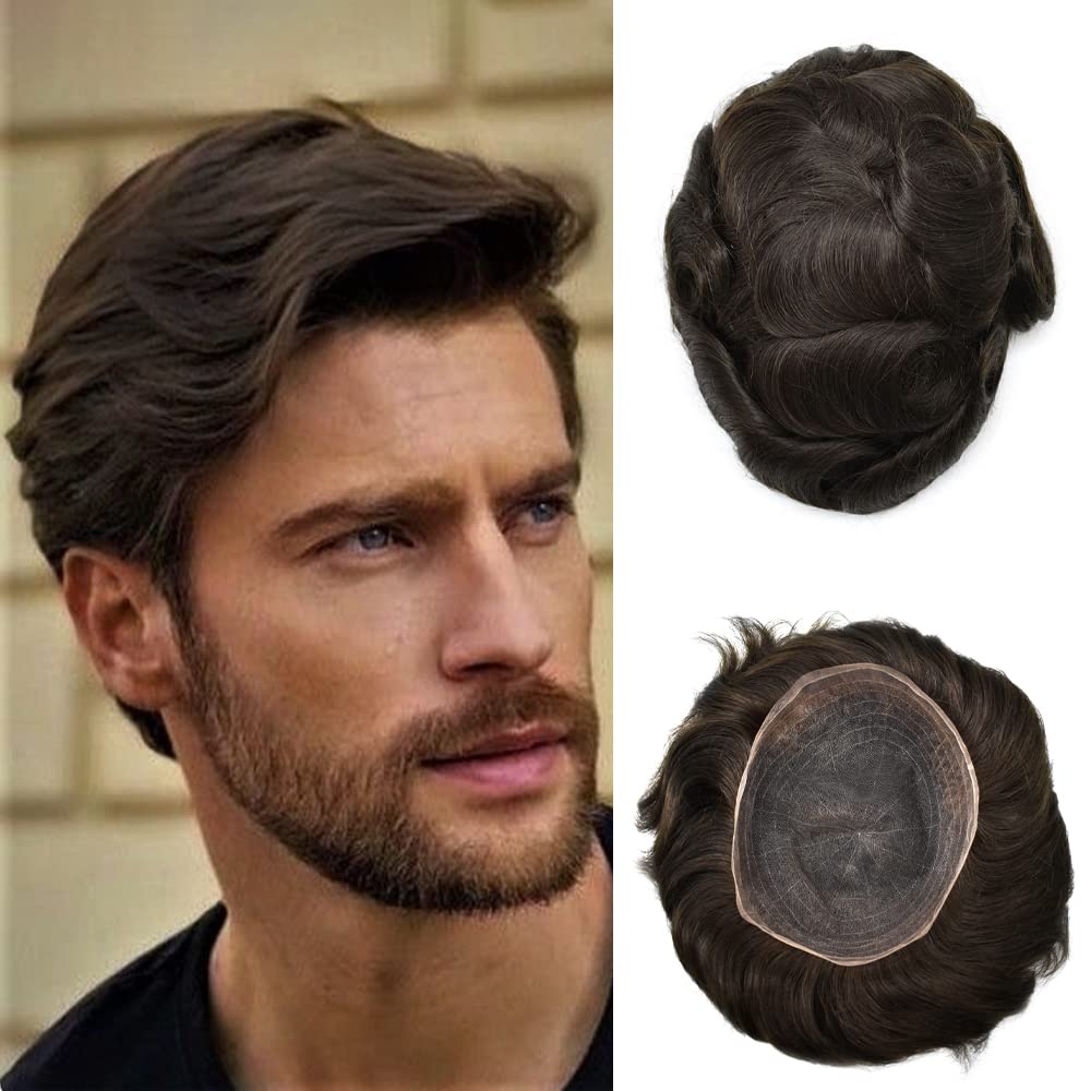 Toupee para hombres, pieza de cabello completo suizo de encaje para hombre, sistema de reemplazo de cabello humano real para hombres, nudos