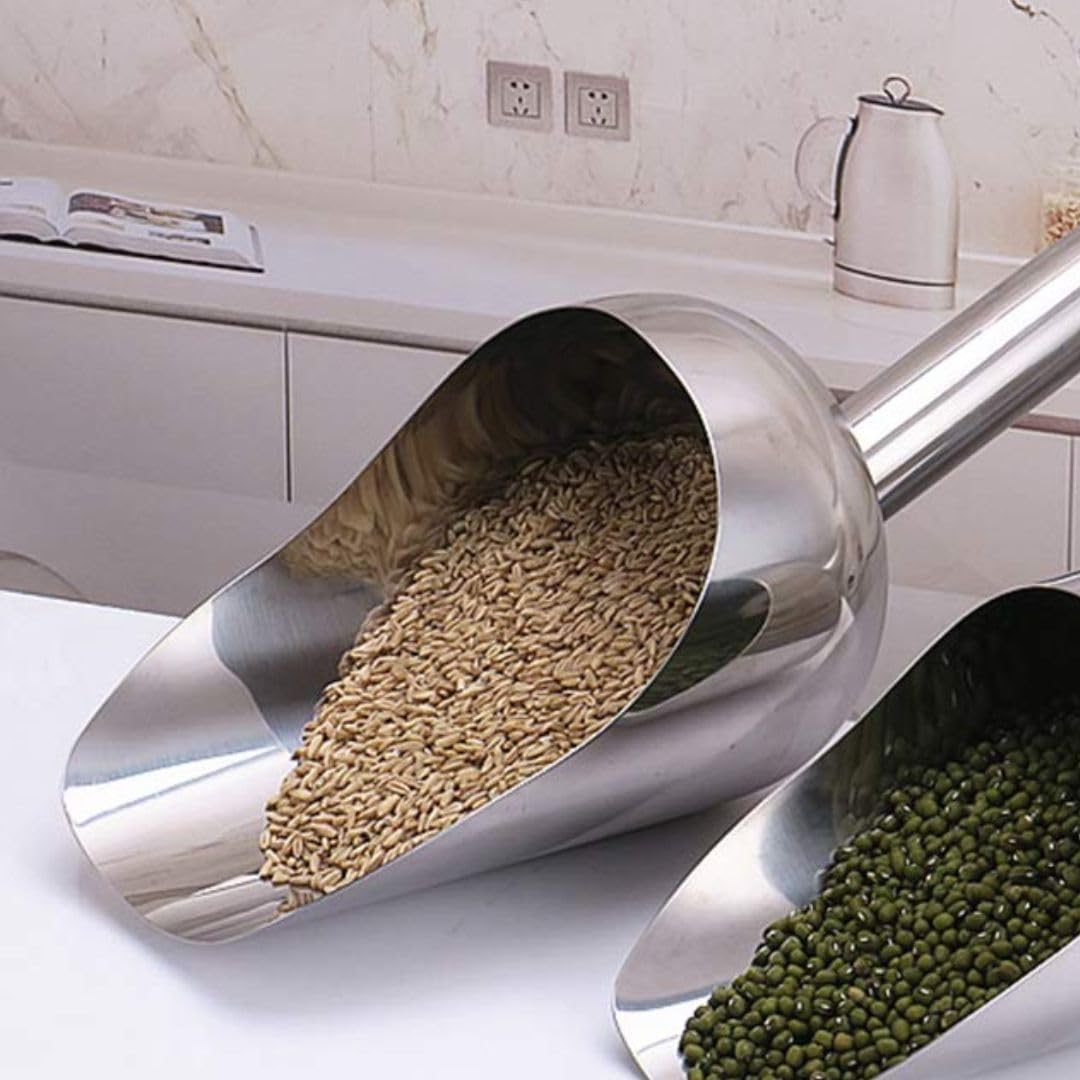 Soro Essentials- 2 Quart Stainless Steel Utility Scoop- Ergonomic Design Grain Shovel Ice Shovel Rice Scoops Peas and Beans Scoop Dry Food Scoops Candy Flour Home Kitchen Restaurant