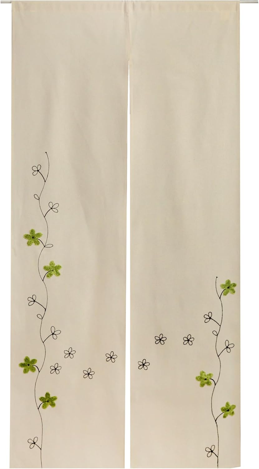 YURLISA春夏冬おしゃれ花柄刺繍入りの麻風のれん (グリーン刺繍, 幅85㎝x150㎝丈)