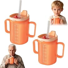 2 Pcs Sippy Cup for Adults and Kids, 300ml Adult Sippy Cups for The Elderly Non Spill, Beakers for Elderly with 2 Handles, Drinking Cup with Lid and Straw, Non Spill Cups for Elderly Orange