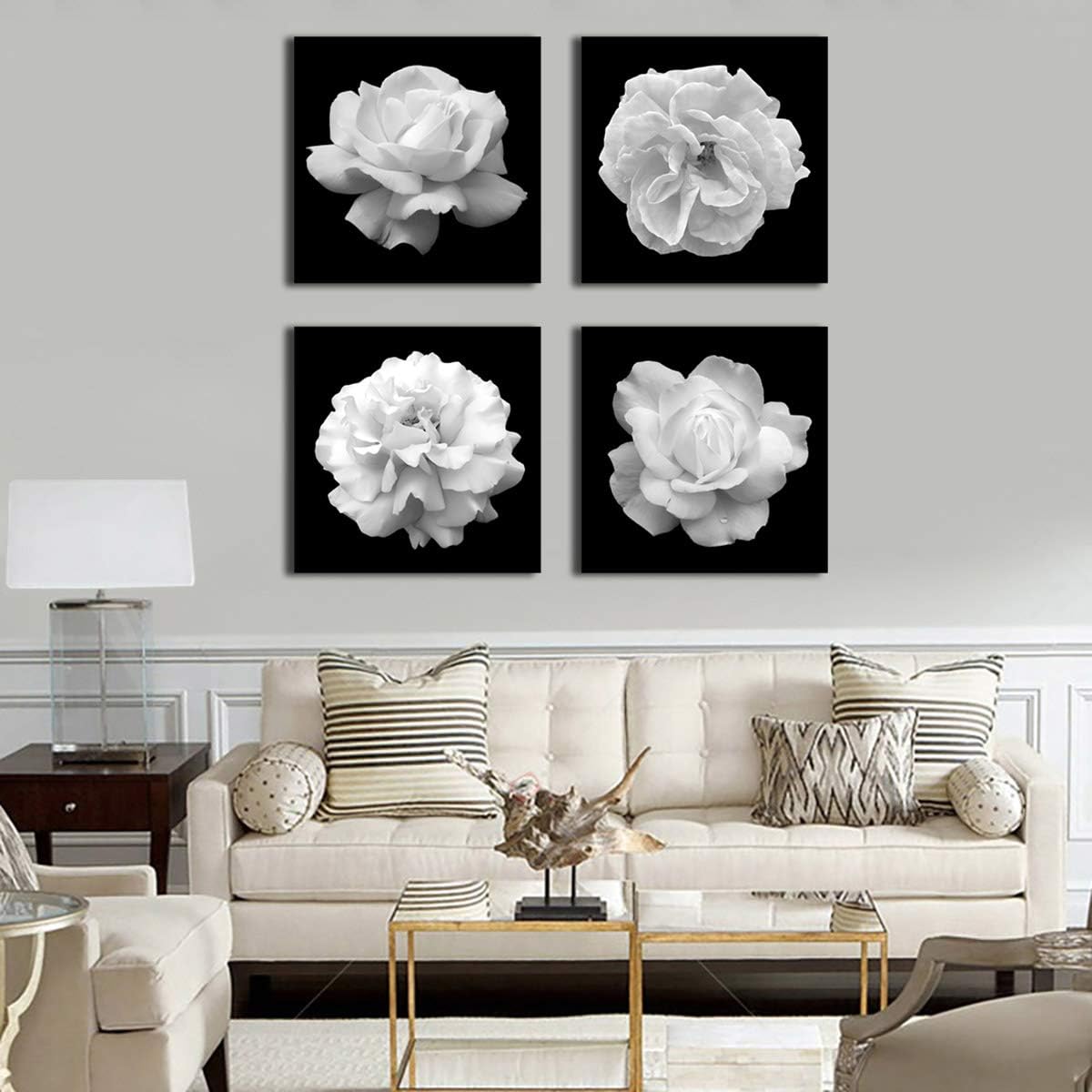 Flowers Wall Art Bathroom Wall Decor Abstract Botanical Picture Contemporary Wall Art Prints Bedroom Living Room Kitchen Office Home Decor Modern Black Flower Canvas Artwork 16" x 16" x 4 Pieces