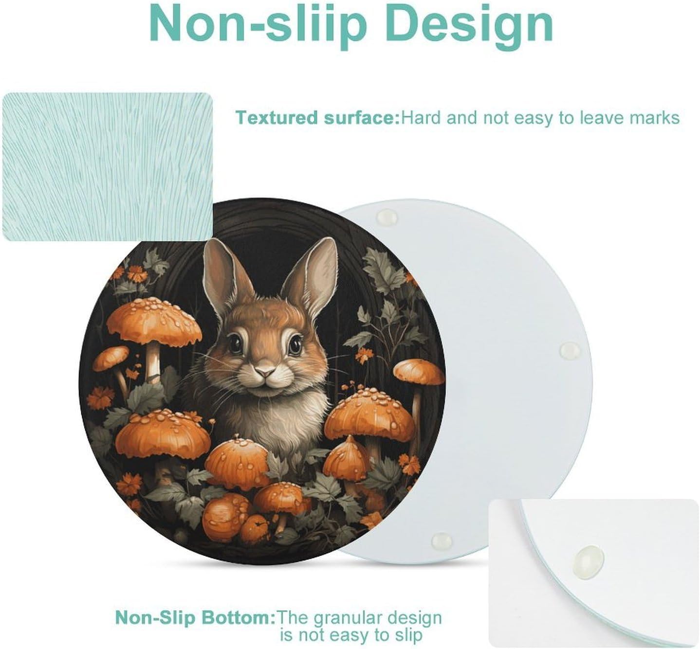 Rabbit with Mushrooms Cutting Board Portable Small Chopping Boards Tempered Glass Kitchen Counter Protector Non-Slip Round Charcuterie Boards Mat for Bar Cheese Board