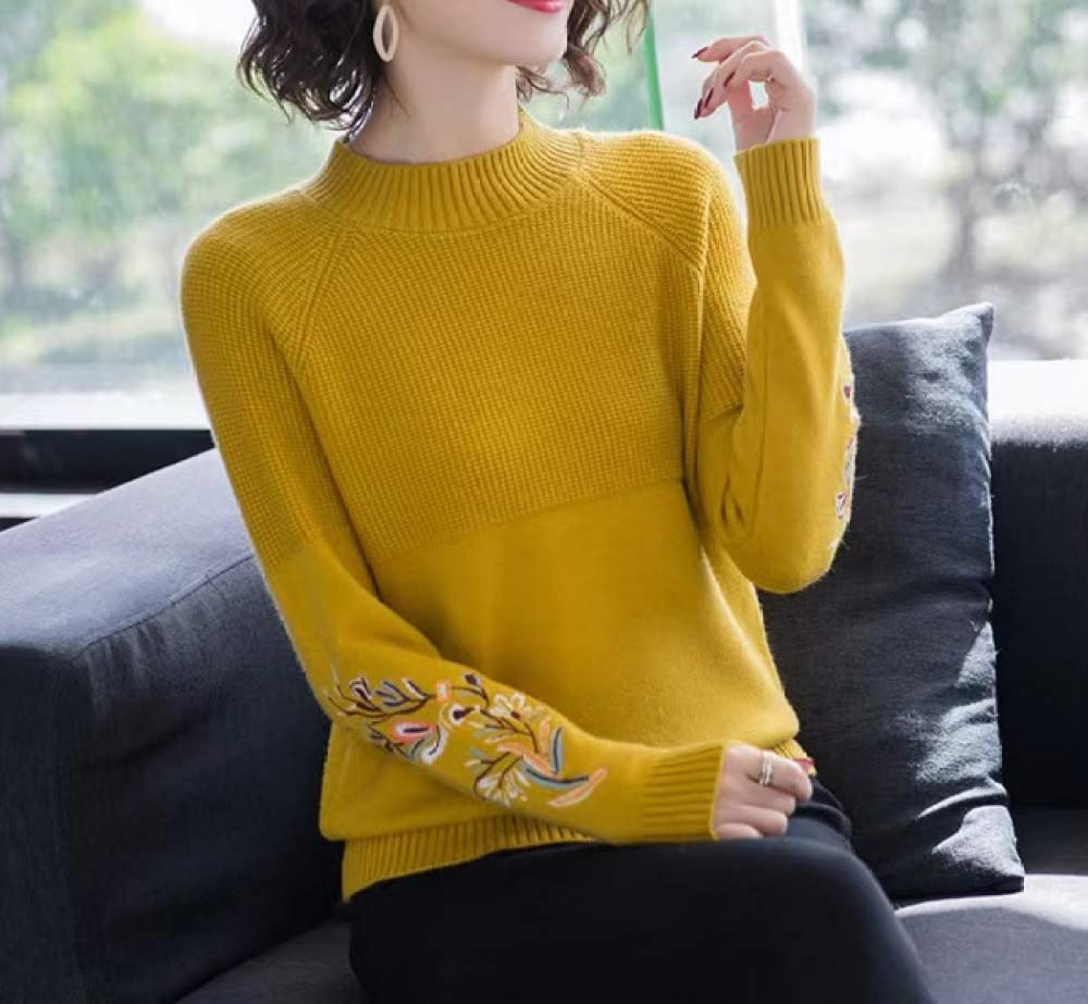 Pulls Tricot Femme,Pull À Col Rond pour Femme Broderie Élégante sur Les Manches Pull en Tricot Jaune Pull Printemps Creux Pull Tops Cadeau pour Petite Amie Fête des Mères