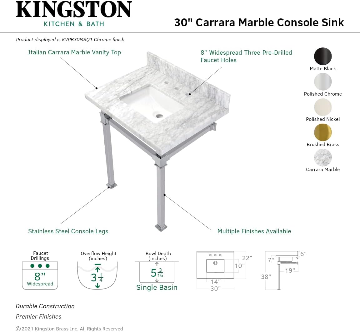 Kingston Brass KVPB30MSQ6 Monarch 30-Inch Carrara Marble Console Sink, Marble White/Polished Nickel