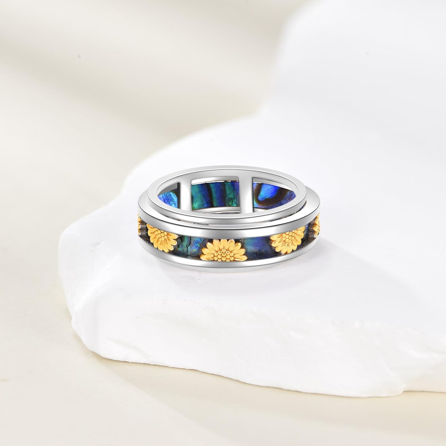 YAFEINI Sunflower Fidget Rings for Anxiety S925 Sterling Silver Abalone Shell Sunflower Anxiety Spinner Rings Rotatable Mood Ring Relieve Stress Jewelry Gift For Women Female - Image 4