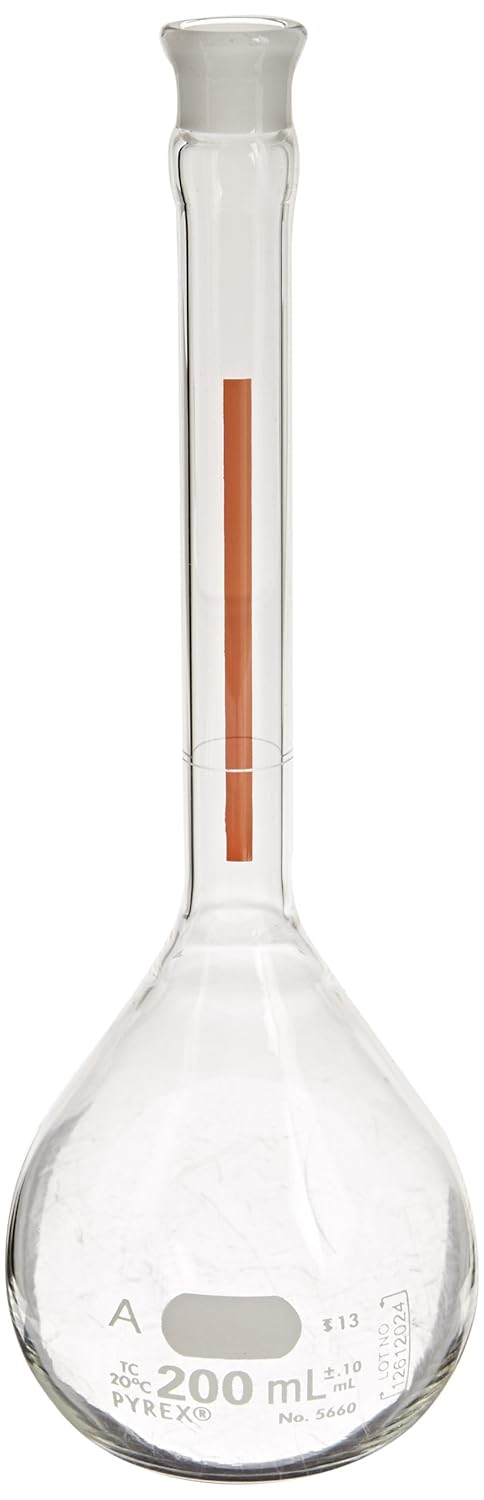 Pyrex Borosilicate Glass Class A Flat Bottom Lifetime Red Volumetric Flask with Glass Standard Taper Stopper, 200ml Capacity (Case of 12)