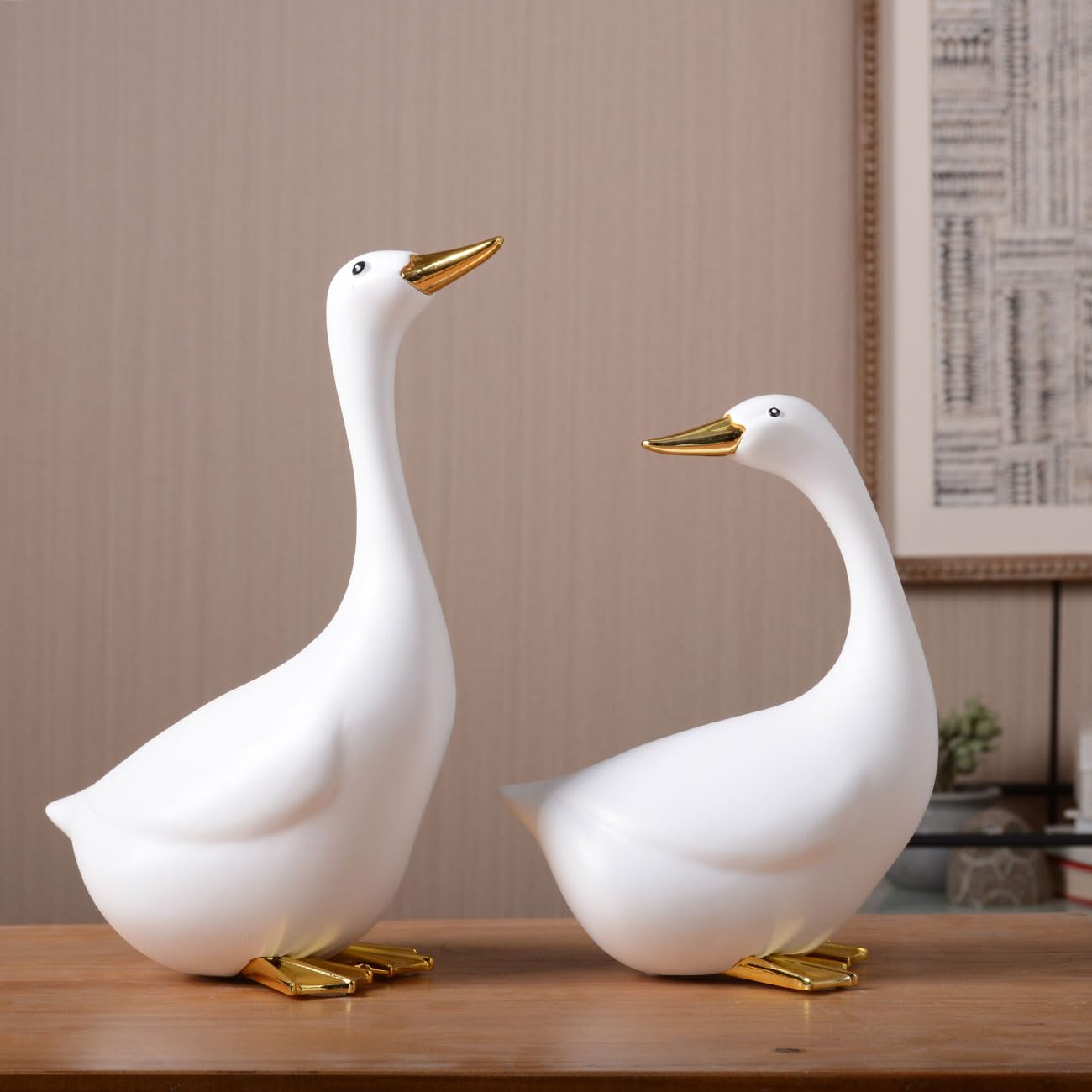 Pato Escultura Figura Animal Estatua Moderno Arte Decoración 25cm | Resina Blanco Hogar Adorno Interior Artesanal Festivo Regalo para Estanterías Escritorio Mesa