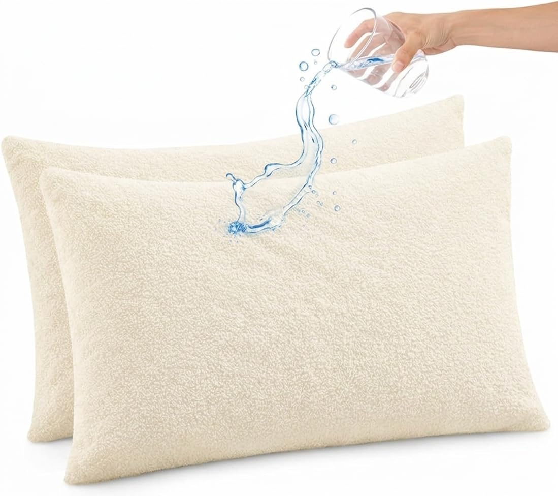 Sea Monk Waterproof Pillow Protector Set of 2 (18 x 28 Inch - Beige Color) Pillow Protector with Zippered Closures | Waterproof Pillow Protection Cover with Zipper