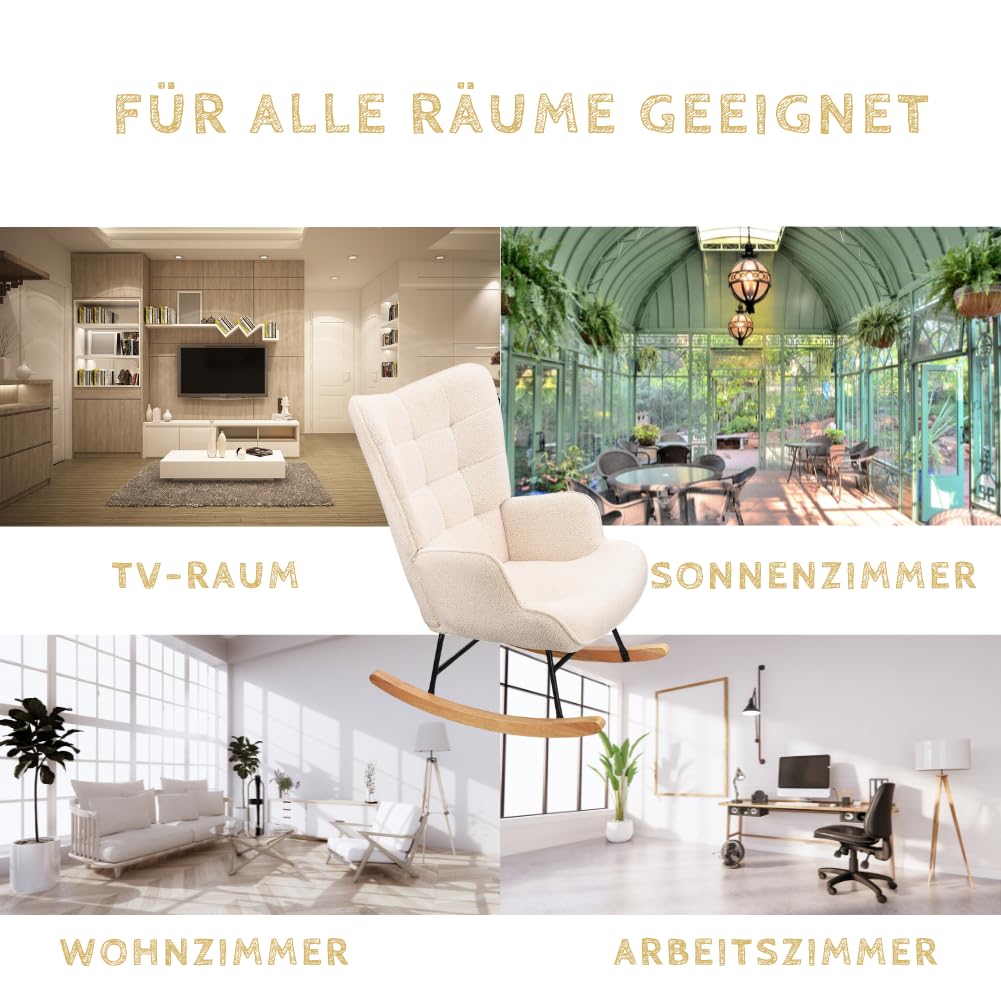 Schaukelstuhl Relaxsessel Stillsessel Schaukelsessel Wohnzimmersessel Schwingsessel mit Metallgestell und Holzsockel, Belastbarkeit Bis 130 Kg, Teddystoff, Beige 75 x 68 x 92 cm
