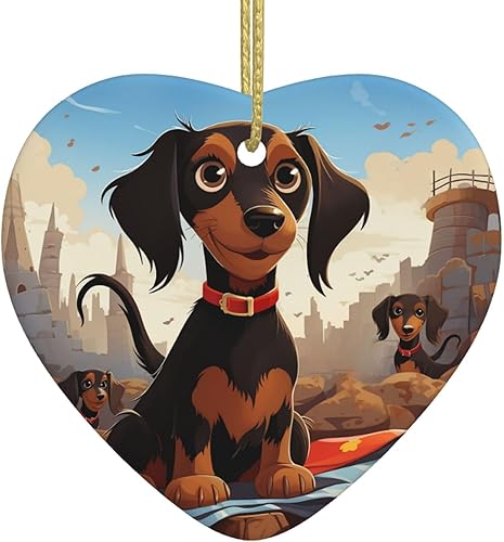 I Love My Dog Dachshunds Adornos de Navidad de cerámica adorno de corazón para árbol de Navidad, corazón colgante de cerámica para árbol de Navidad,