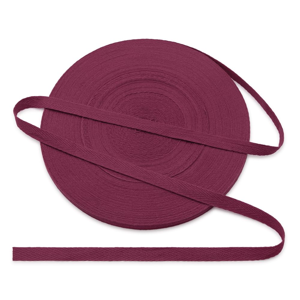 Jamsinmu Cotton Bias Binding Tape 10 mm, Herringbone Tape Cotton Tape with Herringbone Pattern, Cotton Strap Tape 10 mm, Cotton Ribbon 1 cm, Burgundy C400, 45 Yards — image 1