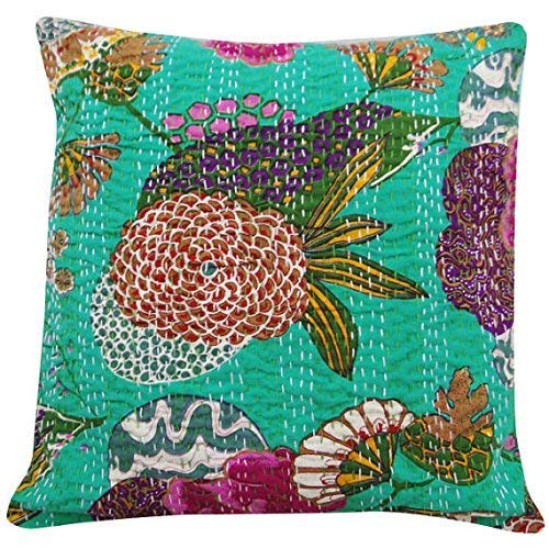 Image of Cotton Kantha Embroidery Cushion Cover (16x16-inches) (Set of 1, Green Multi)