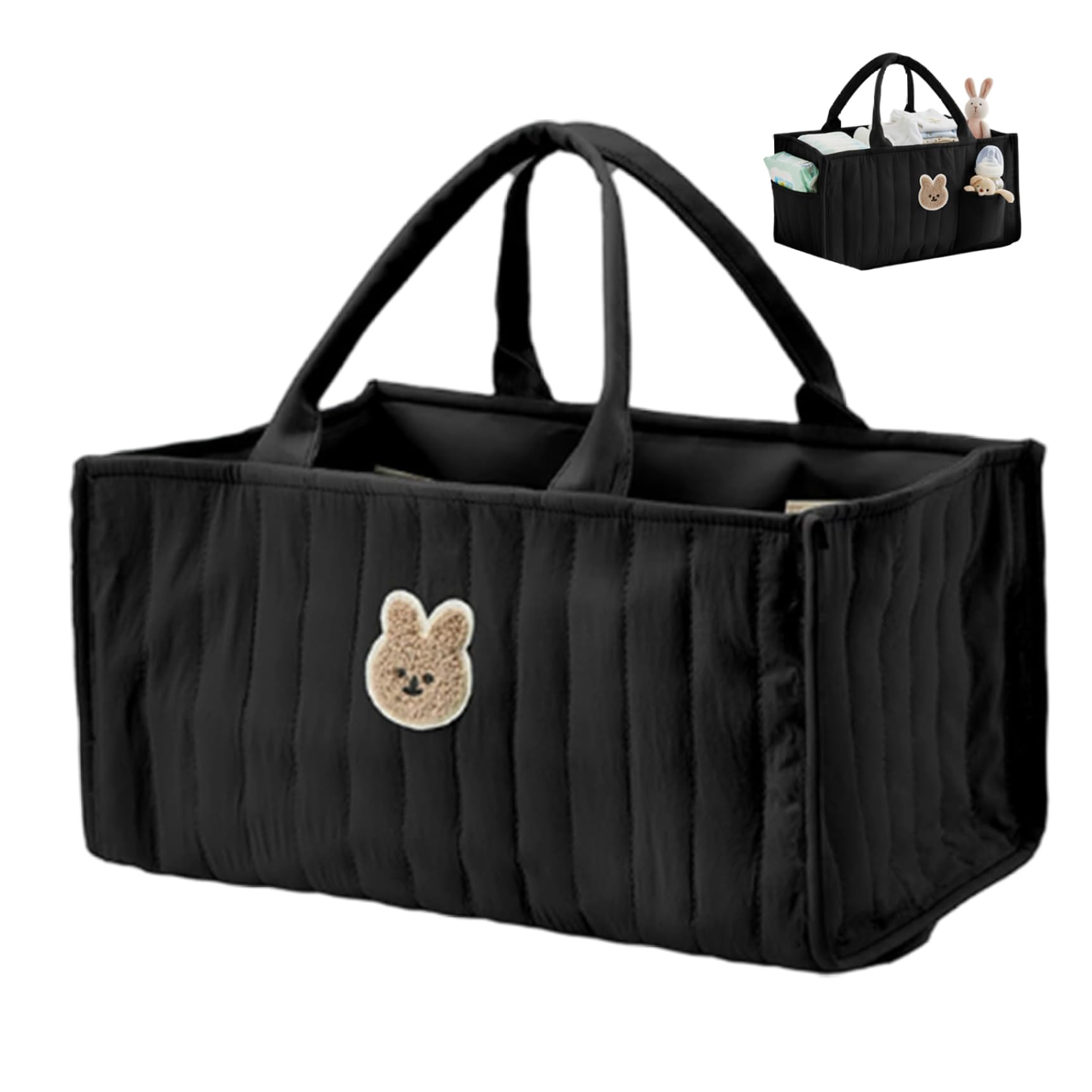 Goutdori Diaper Caddy Portable Quilted Basket with Removable Dividers & Handles for Nursery Nursery Storage Basket for Diapers Wipes Toys Baby Essentials Black