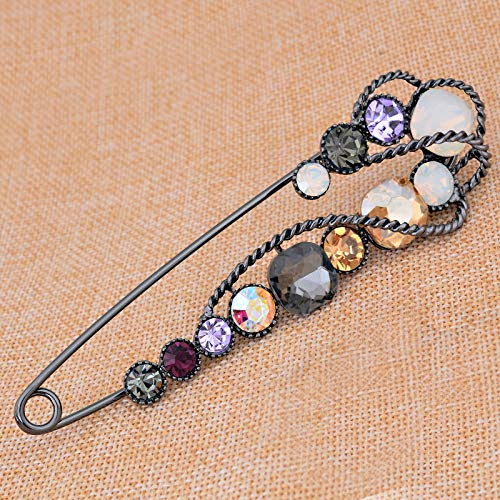 Fenni Jewelry 4.1" Vintage Rhinestone Crystal Flower Large Safety Pins Brooch Cardigan Scarf Sweater (Black-Champagne) #TOP5